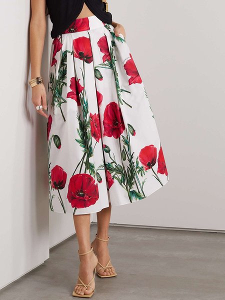 

Elegant Floral Print A-Line Skirt, White, Skirts