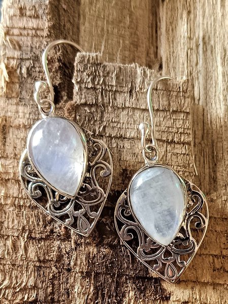 

Vintage Natural Moonstone Opal Ethnic Pattern Earrings, Silver, Earrings