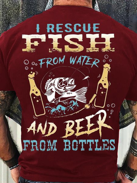 

Men's I Rescue Fish From Water and Beer From Bottle Fishing Casual Letters Cotton T-Shirt, Red, T-shirts