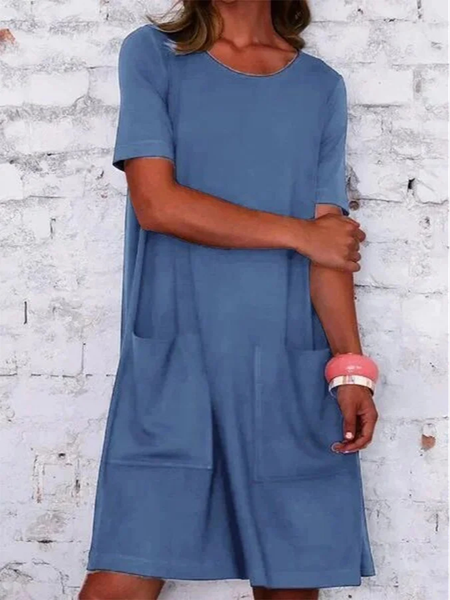 

Linen Crew Neck Loose Plain Dress, Blue, Dresses