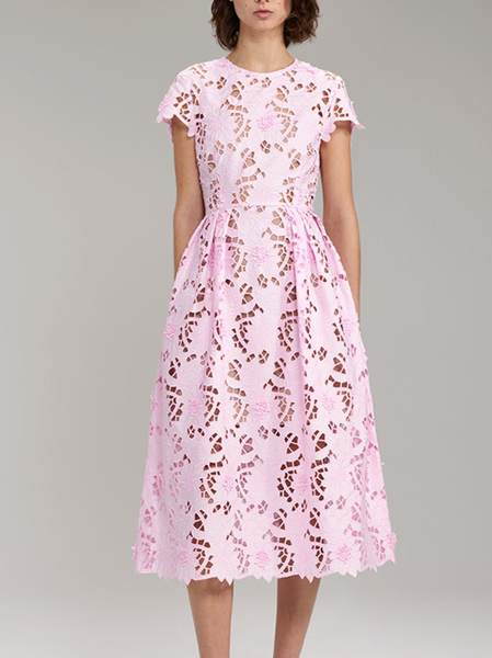 

Lace Floral Elegant Crew Neck Party Dress, Pink, Midi Dresses