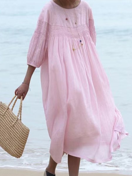 

Loose Lantern Sleeve Linen Cotton And Linen Dress, Light pink, Midi Dresses