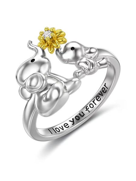 

Mother's Day Elephant Sunflower Diamond Ring Holiday Gift Jewelry, Silver, Rings