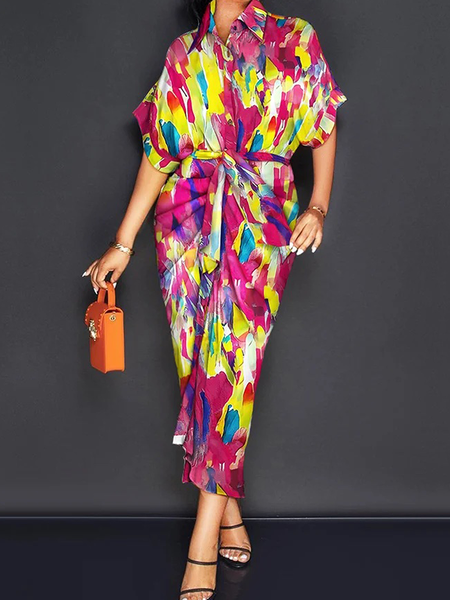 

Plus Size Elegant Regular Fit Shirt Collar Short sleeve Midi Dress, As picture, Dresses