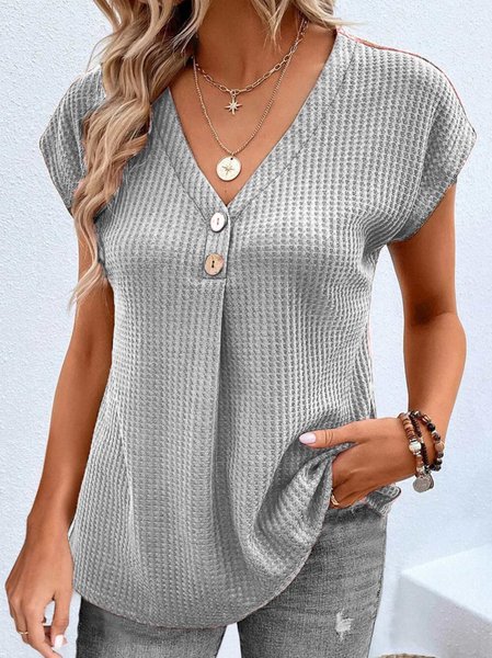 

V Neck Plain Casual Shirt, Gray, Tops