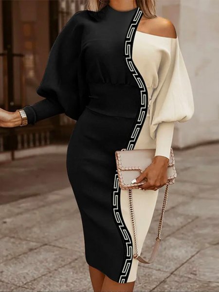 

Plus Size Cold Shoulder Regular Fit Elegant Color Block Dress, Black, Plus Dresses