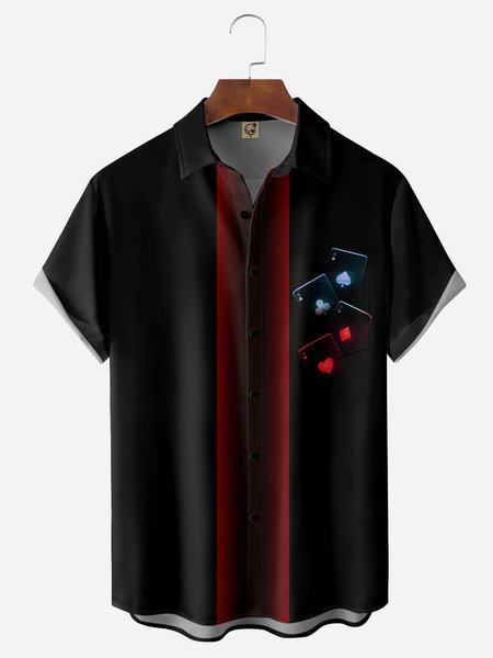 

Poker Cards Chest Pocket Short Sleeve Bowling Shirt, Black, Men Shirts