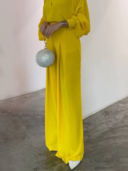 

Elegant Plain Loose Fashion Pants, Yellow, Pants