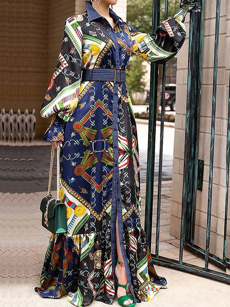 

Plus Size Elegant Loose Long sleeve Abstract Shirt Collar Long Dress, As picture, Dresses