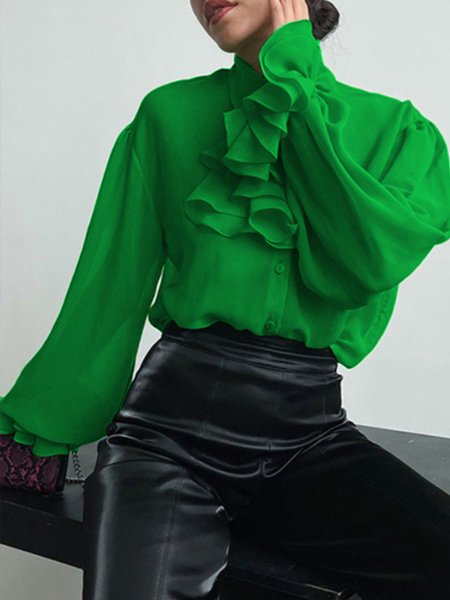 

Plus Size Chiffon Urban Shirt Collar Flouncing Blouse, Green, Plus Tops
