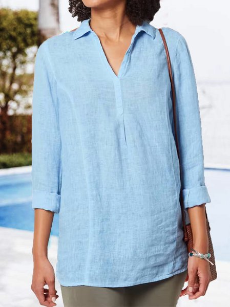 

Shirt Collar Plain Casual Loose Shirt, Sky blue, Tunics