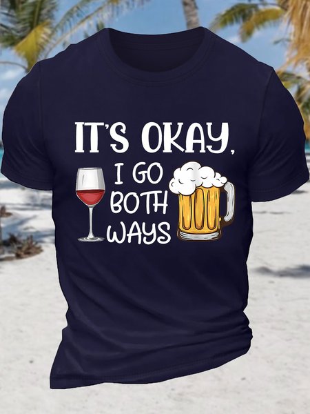 

Men's It's Okay I Go Both Ways Funny Wine And Beer Graphic Printing Loose Cotton Casual Crew Neck T-Shirt, Purplish blue, T-shirts