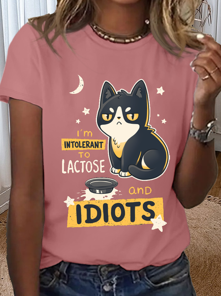 

Women's Cute Black Cat I'm Intolerant to Lactose and Idiots Sassy Crew Neck Simple T-Shirt, Pink, T-shirts