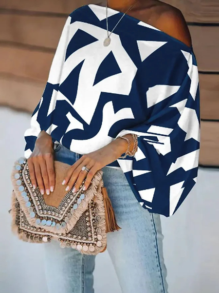 

Plus Size Abstract Loose Three Quarter Urban Asymmetrical Shirt, Blue, Plus Tops