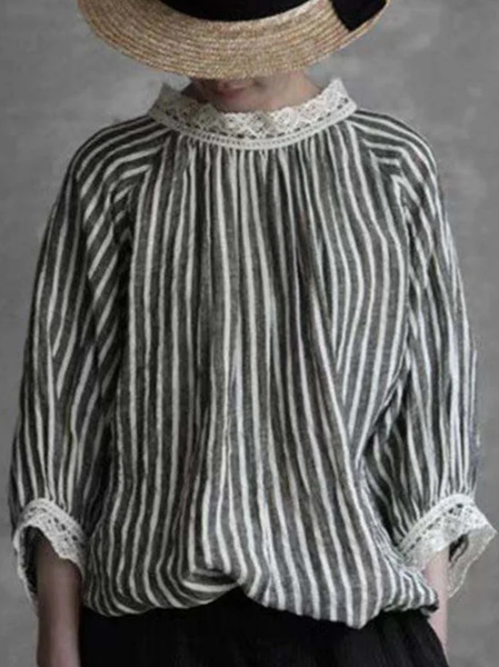 

Striped Loose Casual Lace Shirt, Deep gray, Shirts & Blouses
