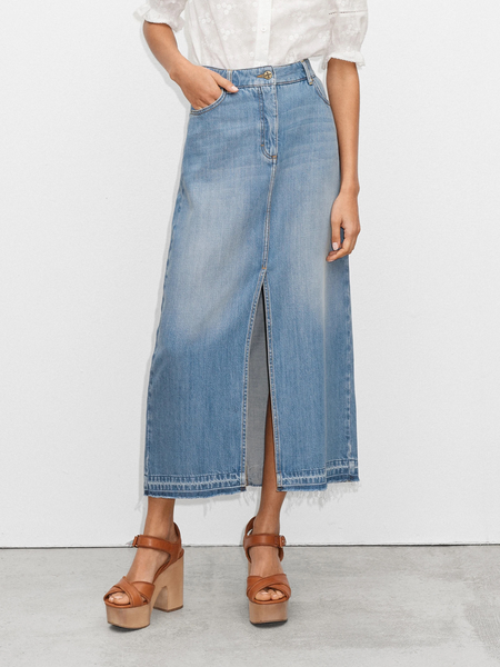 

Loose No Elasticity Urban Denim Long Skirt, Denim blue, Skirts