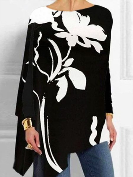 

Plus Size Crew Neck Elegant Loose Floral Shirt, Black, Plus Tops