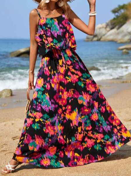 

Loose Vacation Floral Spaghetti Dress, Black, Dresses