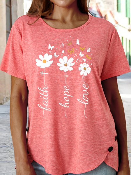 

Women's Faith, Hope, Love, Floral Letters Casual Crew Neck T-Shirt, Pink, T-shirts