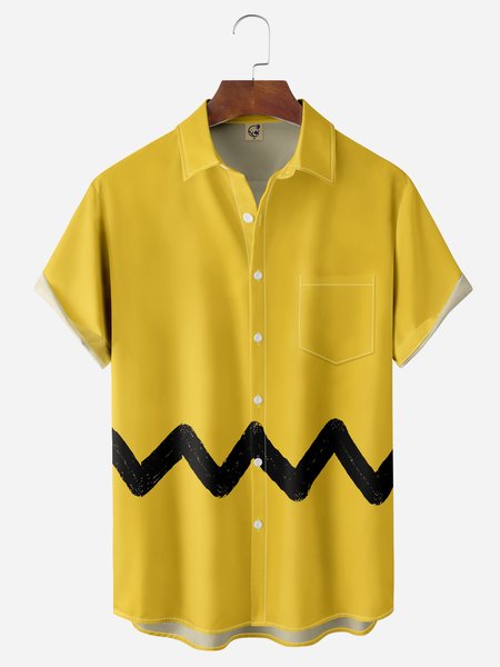 

Cartoon Chest Pocket Short Sleeves Casual Shirt, Yellow, Men Shirts