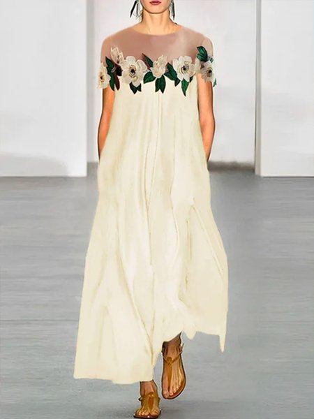 

Plus Size Elegant Embroidery Patterns Crew Neck Dress, Off white, Plus Dresses