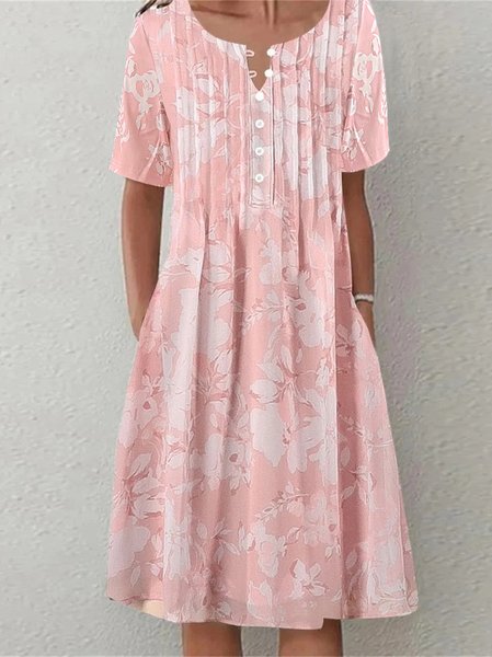 

Women Casual Crew Neck Floral Loose Ruched Buttoned Short sleeve Pink Dress, Midi Dresses