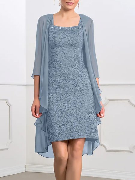 

Square Neck Urban Lace MOTHER OF THE BRIDE Two Piece Set Dress with Cardigan, Blue, Formal Dresses