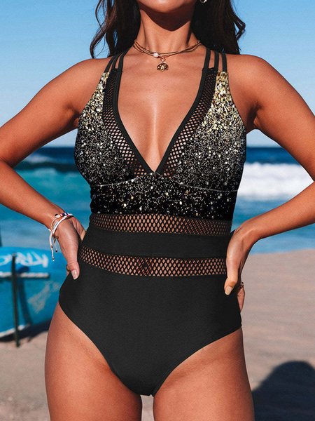

Sexy Abstract Printing Split Joint V Neck One-Piece Swimsuit, Black, swimwear>>One-Pieces