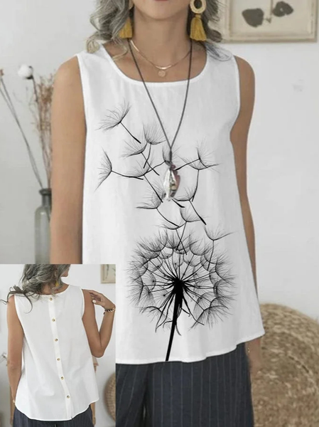 

Loose Casual Crew Neck Floral Tank Top, White, Tanks & Camis