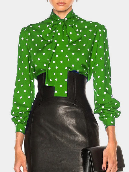 

Plus Size Urban Polka Dots Stand Collar Loose Long sleeve Blouse, Green, Tops
