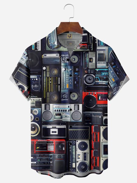 

Music Audio Chest Pocket Short Sleeve Casual Shirt, Blue, Men Shirts