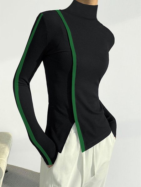 

Plus Size Color Block Half Turtleneck Tight Urban T-Shirt, Black, Tops