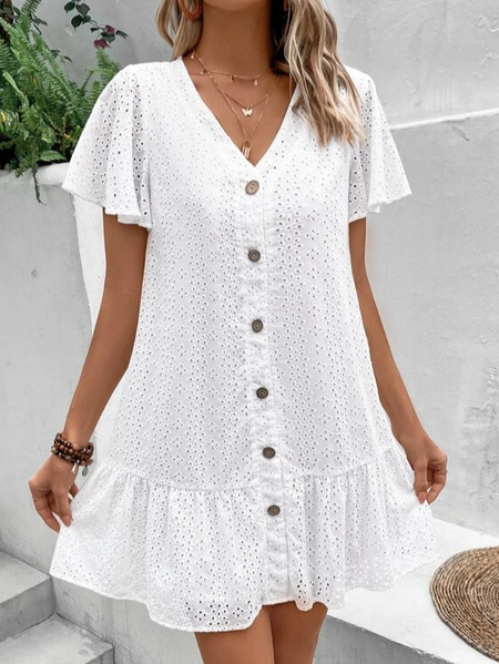 

V Neck Casual Loose Dress, White, Dresses
