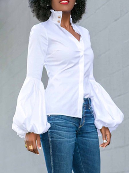 

Plus Size Stand Collar Lantern Sleeve Urban Plain Blouse, White, Tops