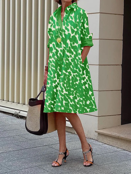 

Plus Size Loose Shirt Collar Long sleeve Urban Skirt Dress, Green, Plus Dresses