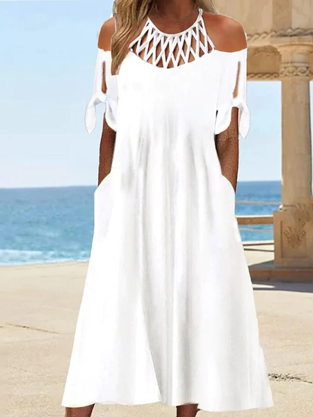 

Crew Neck Plain Vacation Dress, White, Midi Dresses