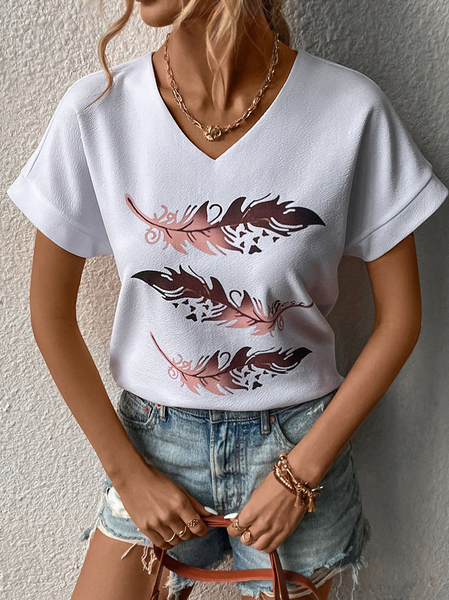 

Casual Feather V Neck Loose T-Shirt, White, T-Shirts