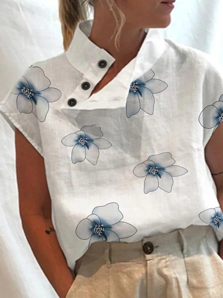

Asymmetrical Collar Floral Loose Casual Shirt, White, Shirts & Blouses
