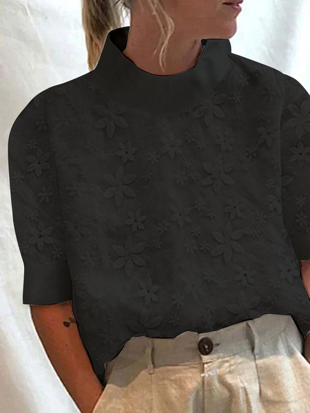 

Women's Cotton Linen Lace Lapel Button Down Short Sleeve Shirt, Black, Blouses