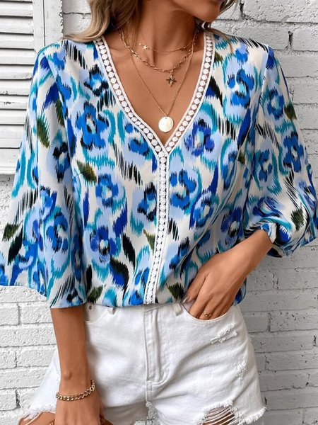 

Floral Vacation V Neck Loose Shirt, Blue, Shirts & Blouses
