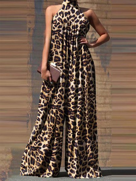 

Loose Vacation Halter Sleeveless Jumpsuit, Leopard, Jumpsuits