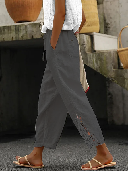 

Linen Plain Cotton And Linen Lace Pants, Gray, Pants