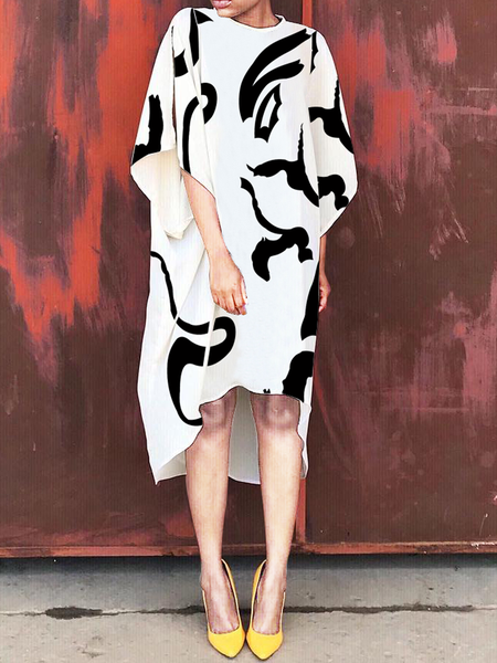 

Loose Crew Neck Short sleeve Abstract Urban Skirt Dress, White, Mini Dresses