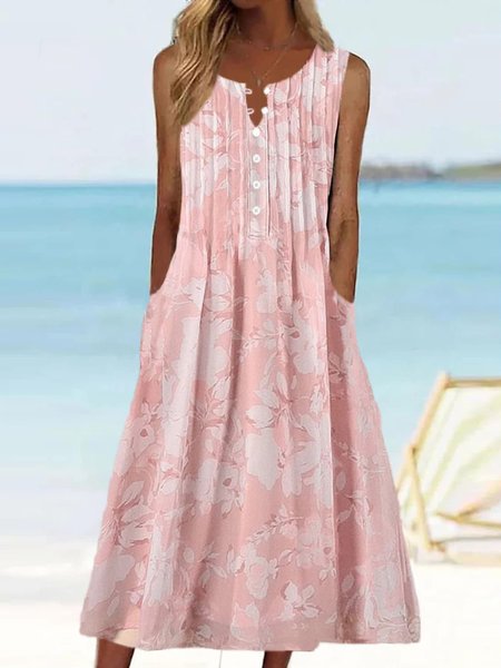 

V Neck Buttoned Floral Vacation Dress, Pink, Midi Dresses
