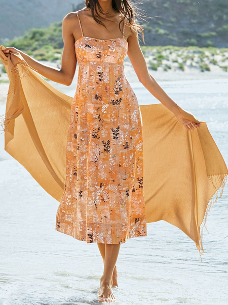 

Loose Floral Spaghetti Vintage Dress, Light yellow, Dresses