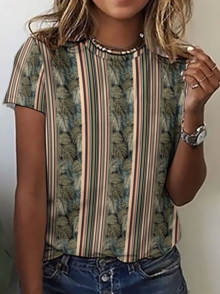 

Women's Striped Plants Crew Neck Casual T-Shirt, As picture, T-shirts