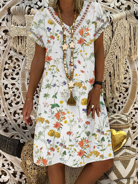 

V Neck Floral Loose Vacation Dress, White, Dresses