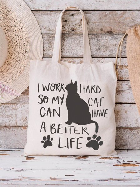 

“I Work Hard” Alphabet Cat Pattern Canvas Shoulder Bag Daily Casual Women Large Capacity, As picture, Women's Bags