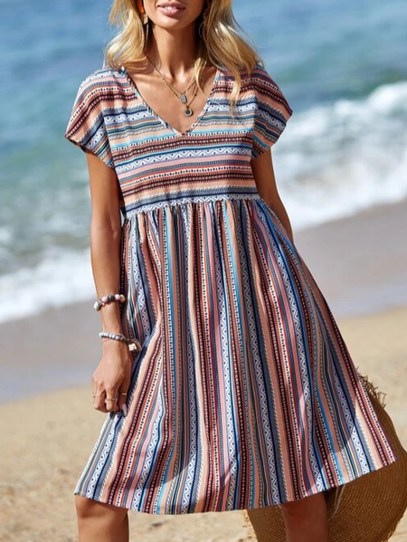 

Ethnic V Neck Boho Loose Dress, As picture, Dresses