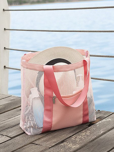 

Vacation Beach Mesh Nylon Shoulder Tote Bag Women's Large Capacity Storage, Pink, Women's Bags